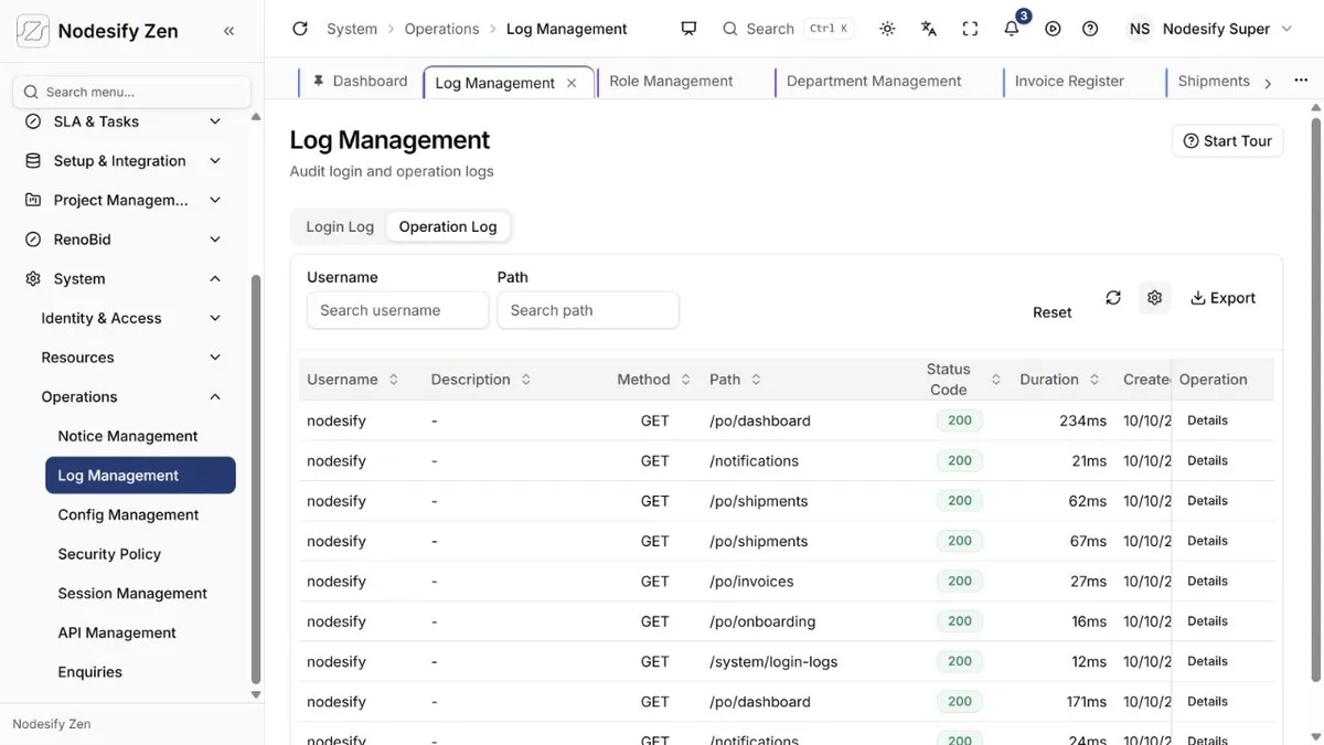 Nodesify Zen audit log interface