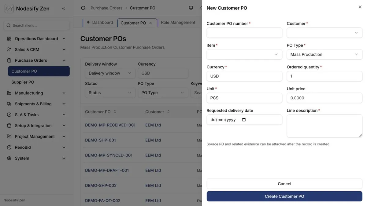 Nodesify Zen customer purchase order creation dialog