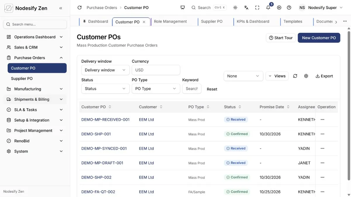 Nodesify Zen customer purchase orders