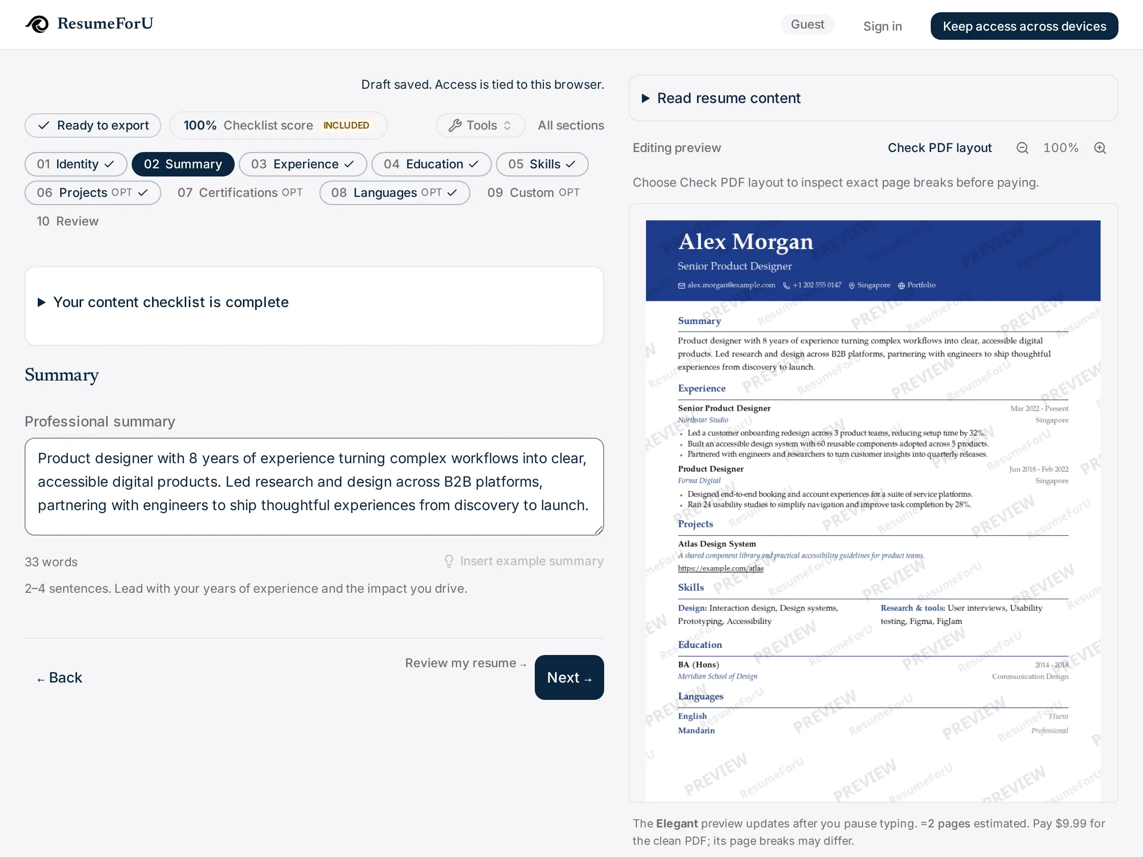 ResumeForU staging editor showing a fictional senior product designer resume for Alex Morgan and a document preview