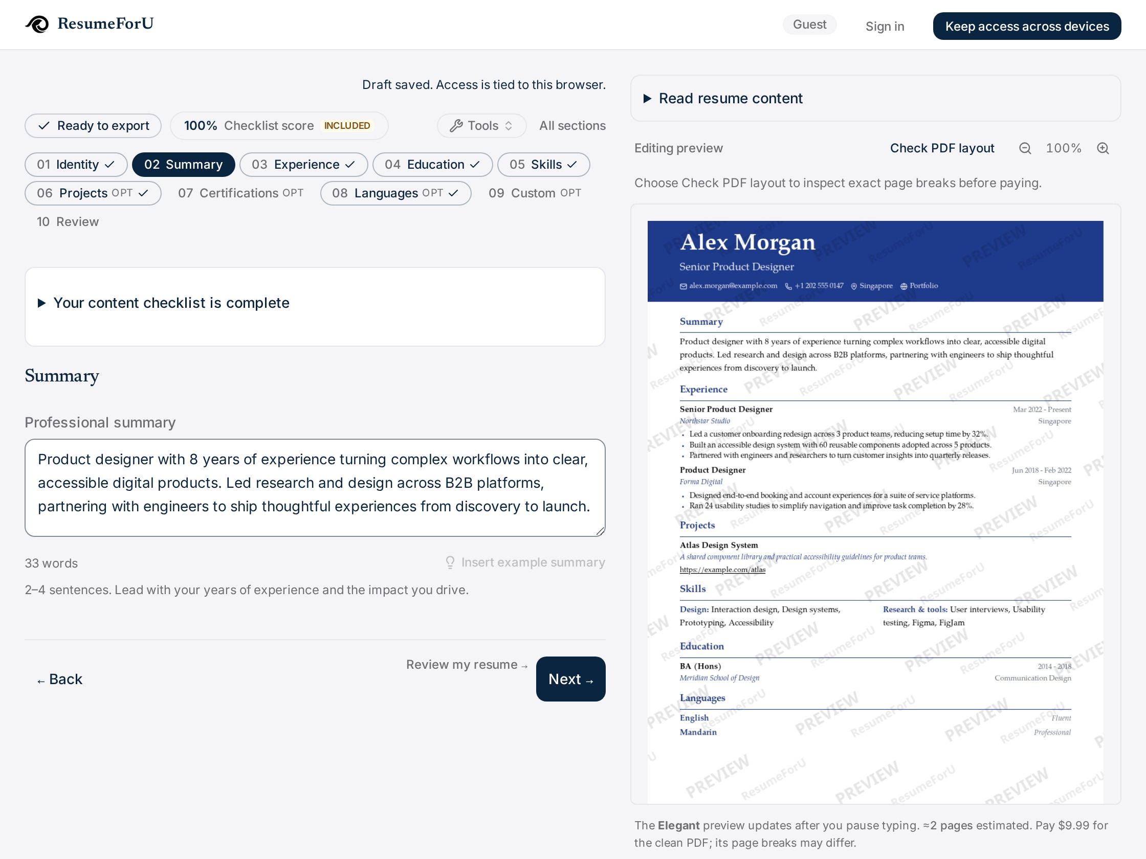 ResumeForU staging editor showing a fictional senior product designer resume for Alex Morgan and a document preview