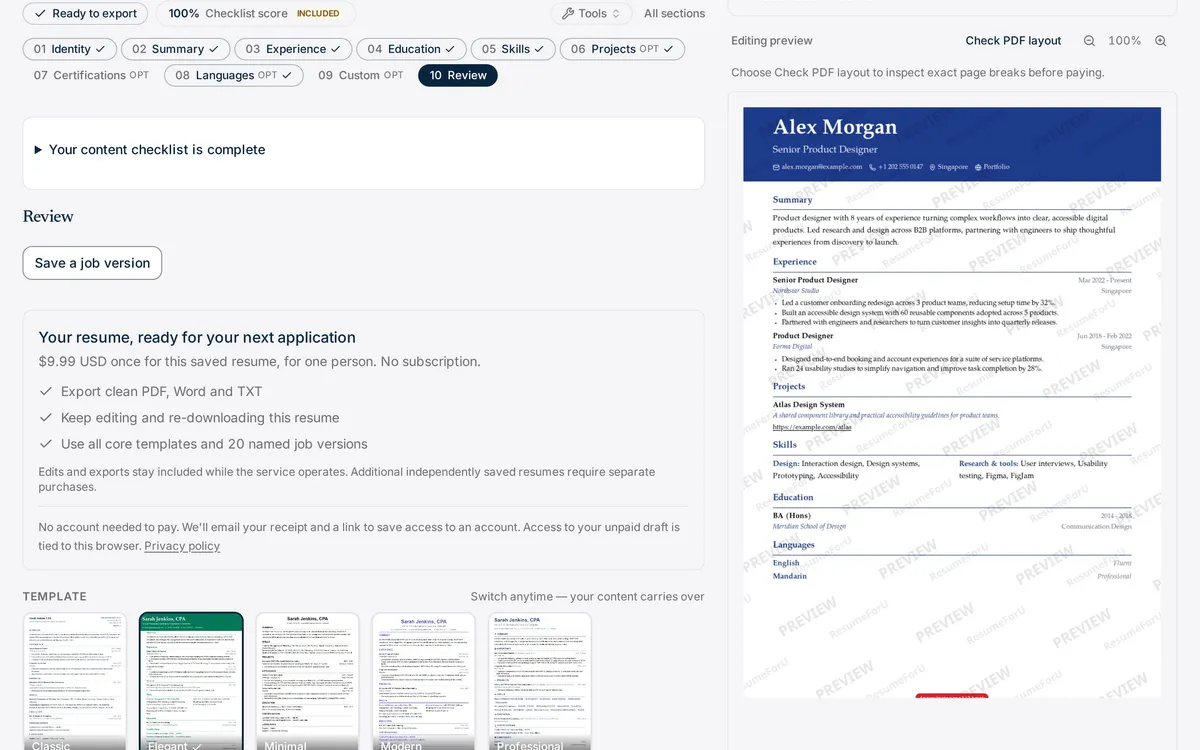 ResumeForU staging editor showing a fictional Alex Morgan resume and live document preview
