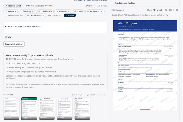 ResumeForU staging editor showing a fictional Alex Morgan resume and live document preview