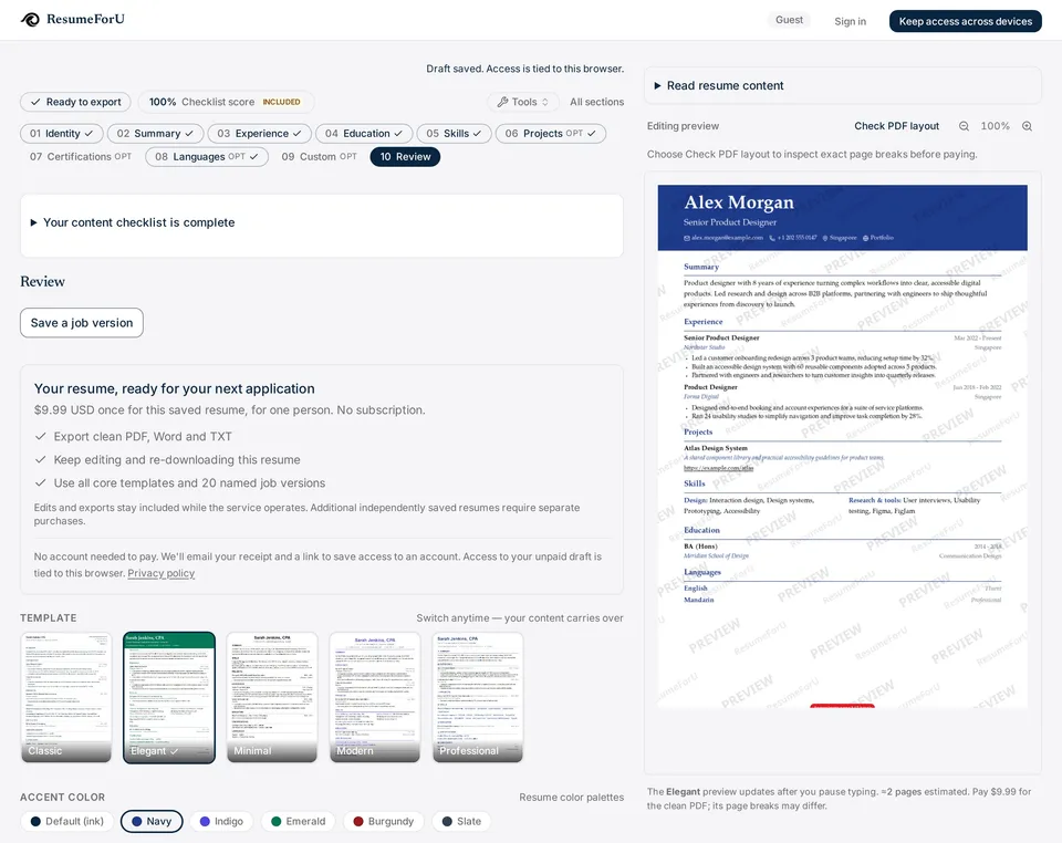 ResumeForU staging editor showing a fictional Alex Morgan resume and live document preview