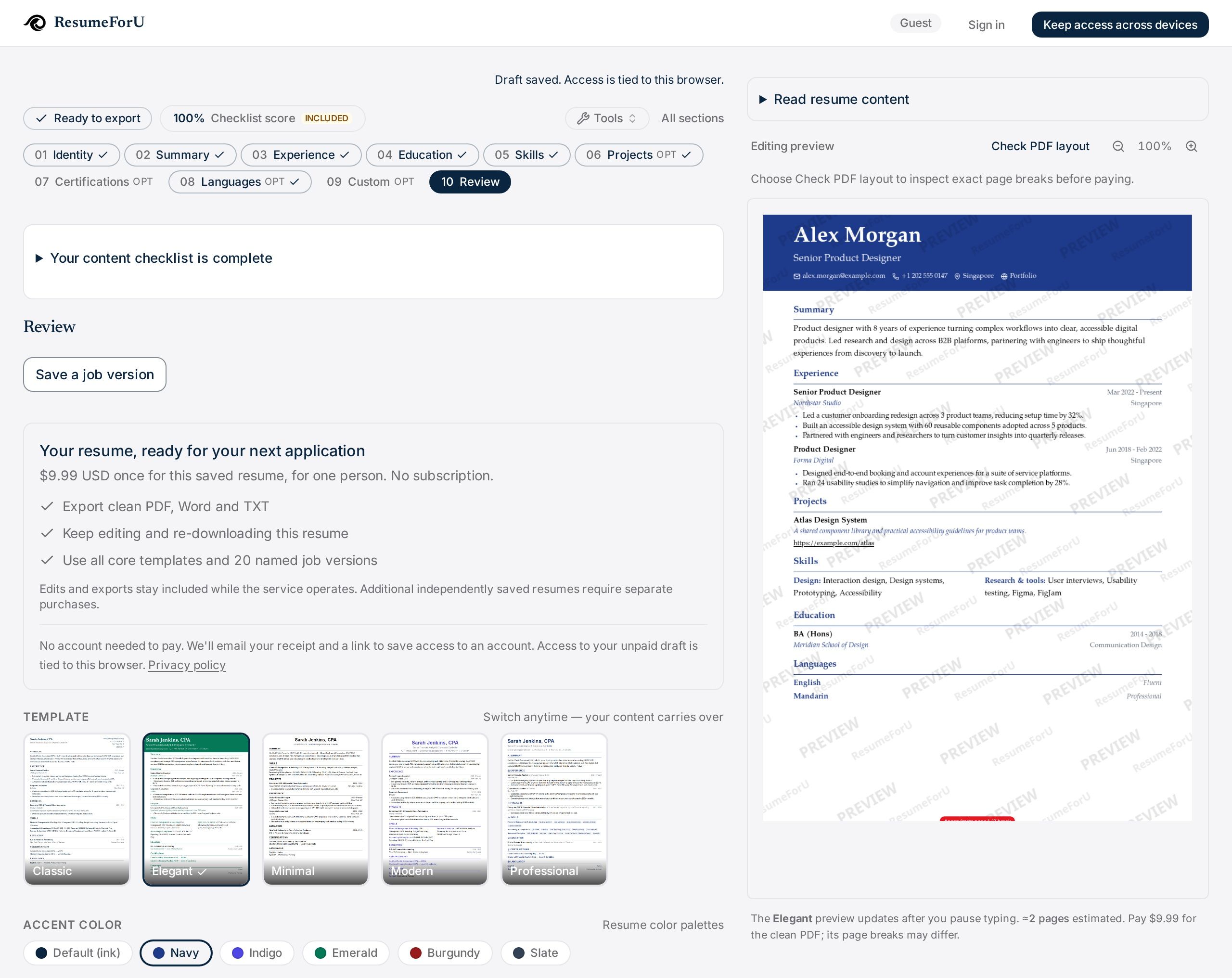 ResumeForU final Review step with template controls and a populated fictional senior product designer resume for Alex Morgan