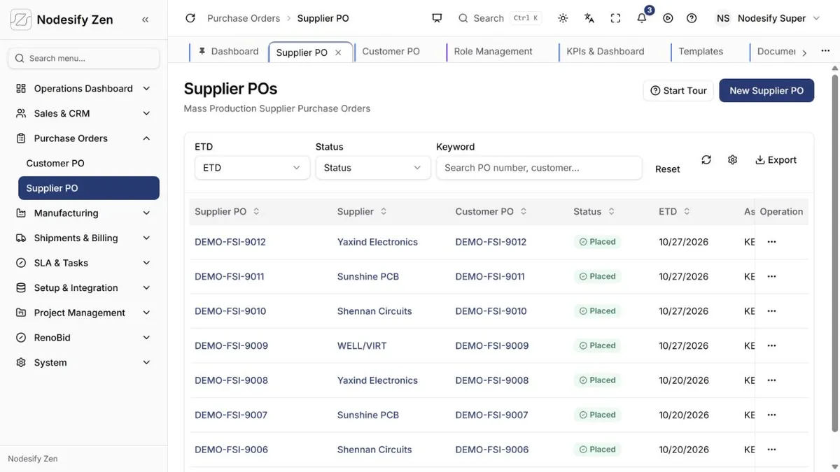 Nodesify Zen supplier purchase orders