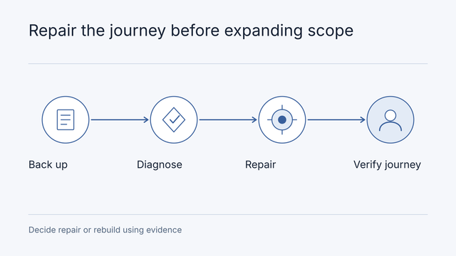 Illustrative workflow: Back up, Diagnose, Repair, Verify journey. Decide repair or rebuild using evidence.