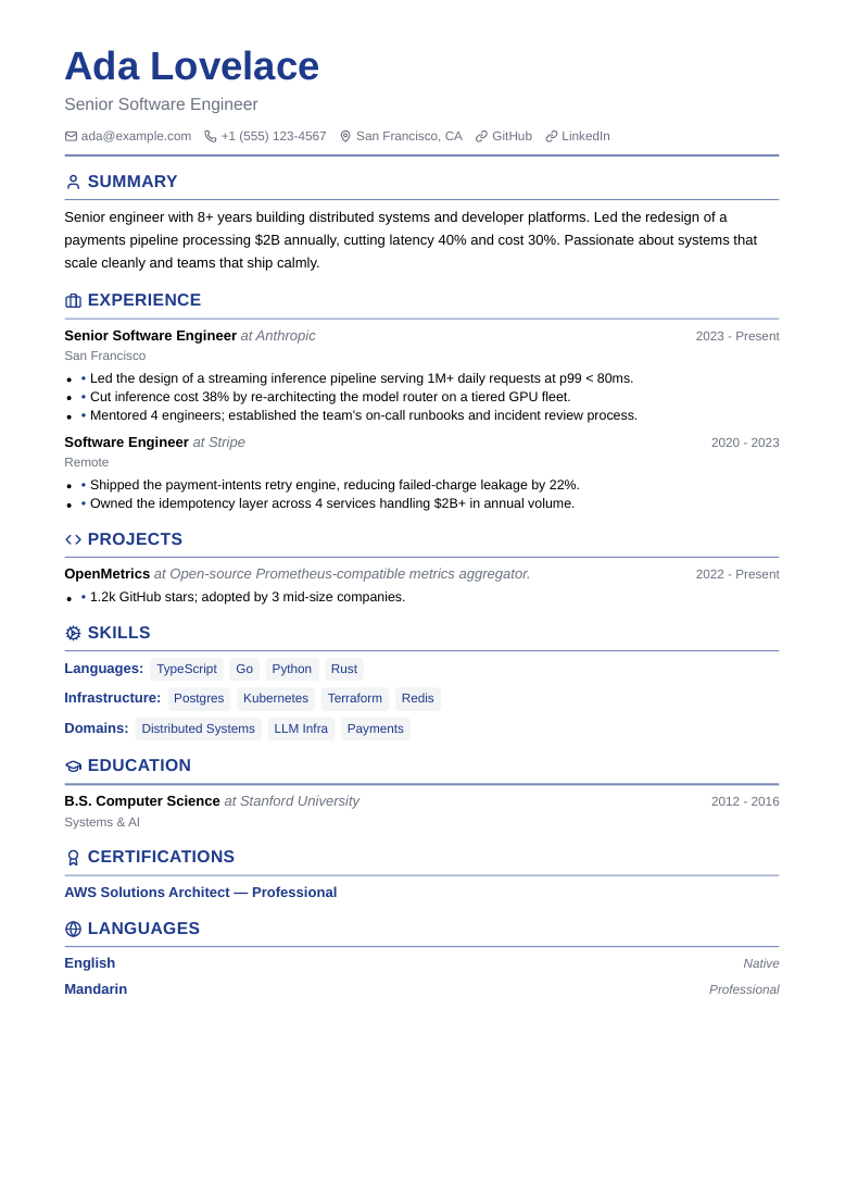Historical synthetic resume PDF with a professional summary, experience, education, and skills in a single-column layout