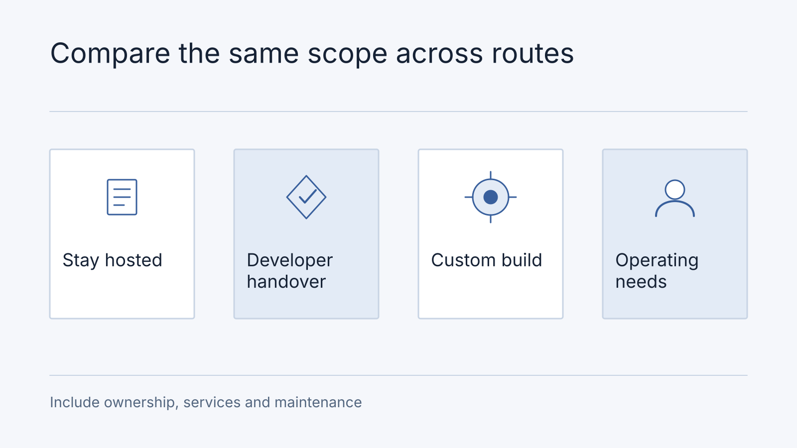 Three delivery options for an existing application: stay hosted, developer handover or custom build, compared against the same scope and operating needs.